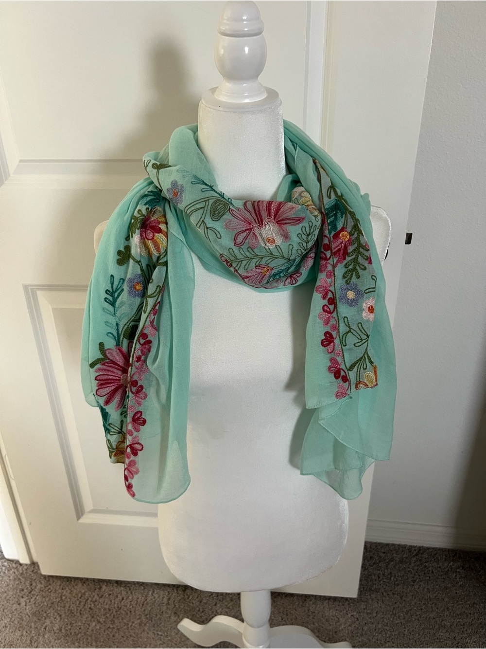 NWOT Light Green Floral Embroidered Scarf
